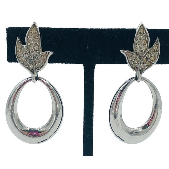 Givenchy Vintage Silver Crystal Rhinestone Clip On Drop Earrings - Picture 1 of 10